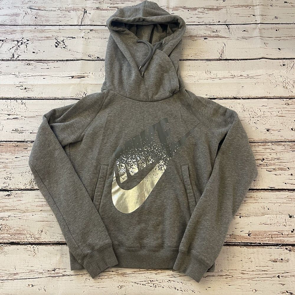 NIKE Womens Cowlneck Hoodie Pullover Long Sleeve Gray Graphic Size Small